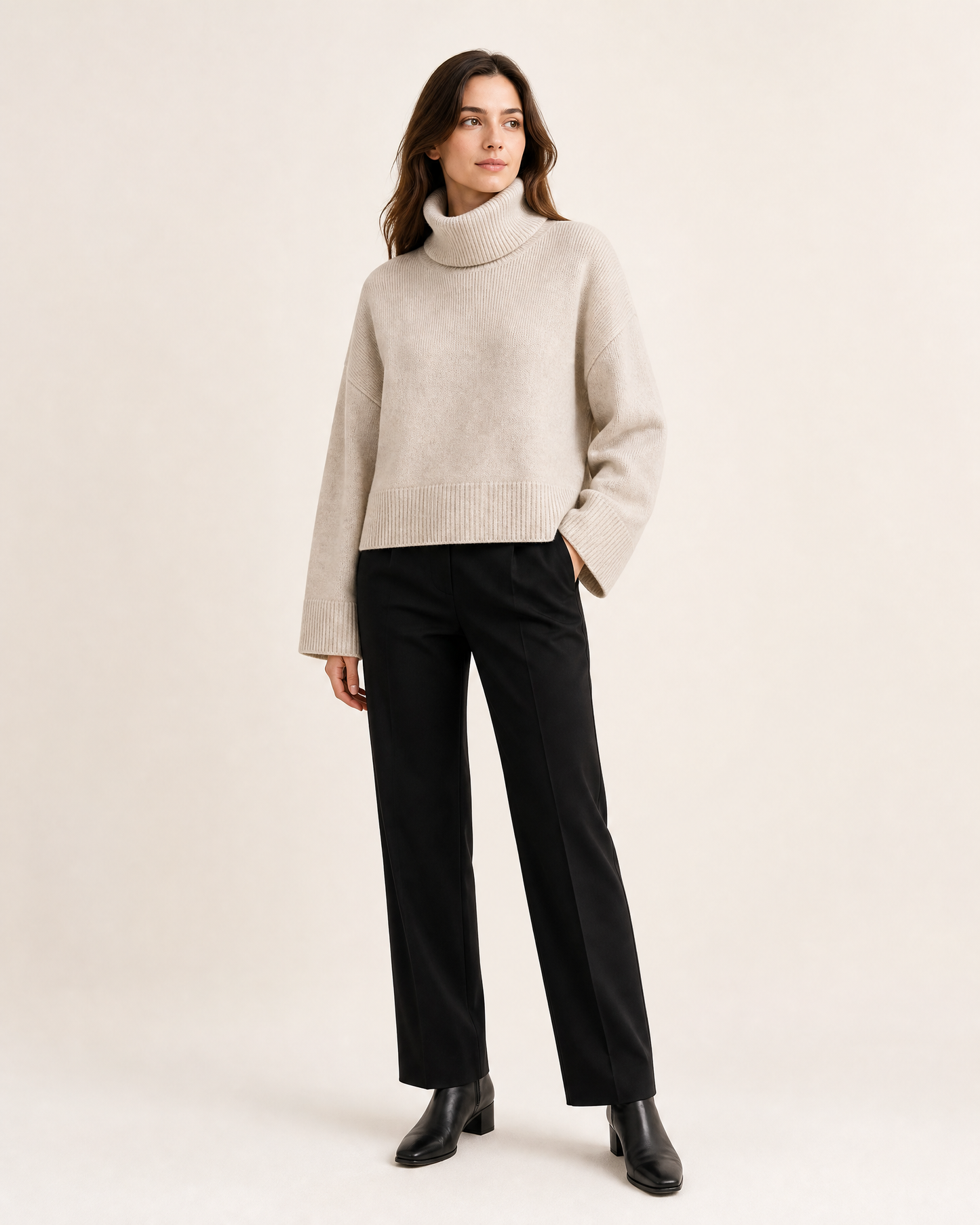 Freya Rollkragenpullover am Model in Haferbeige