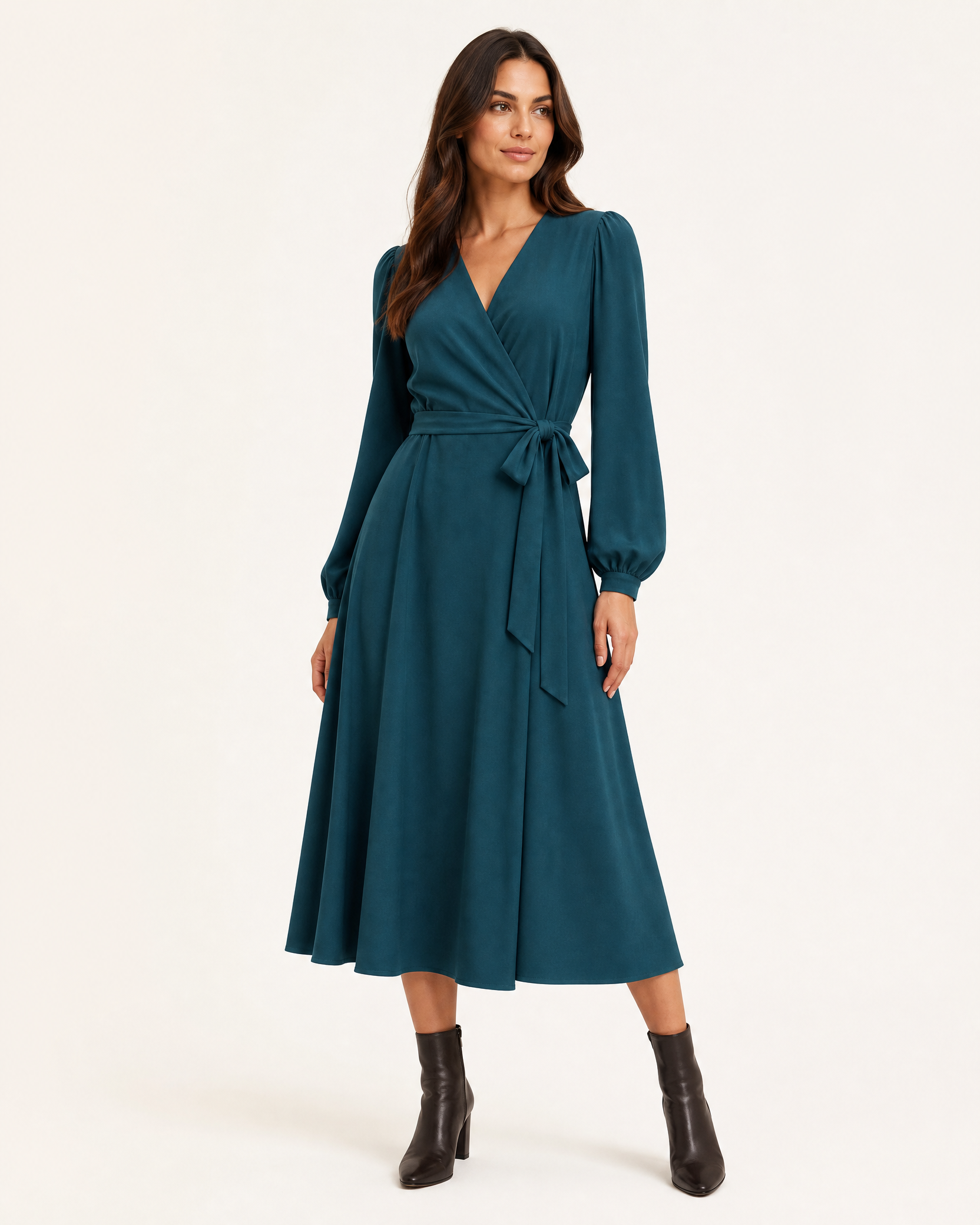 Liora Wickelkleid am Model in Petrol