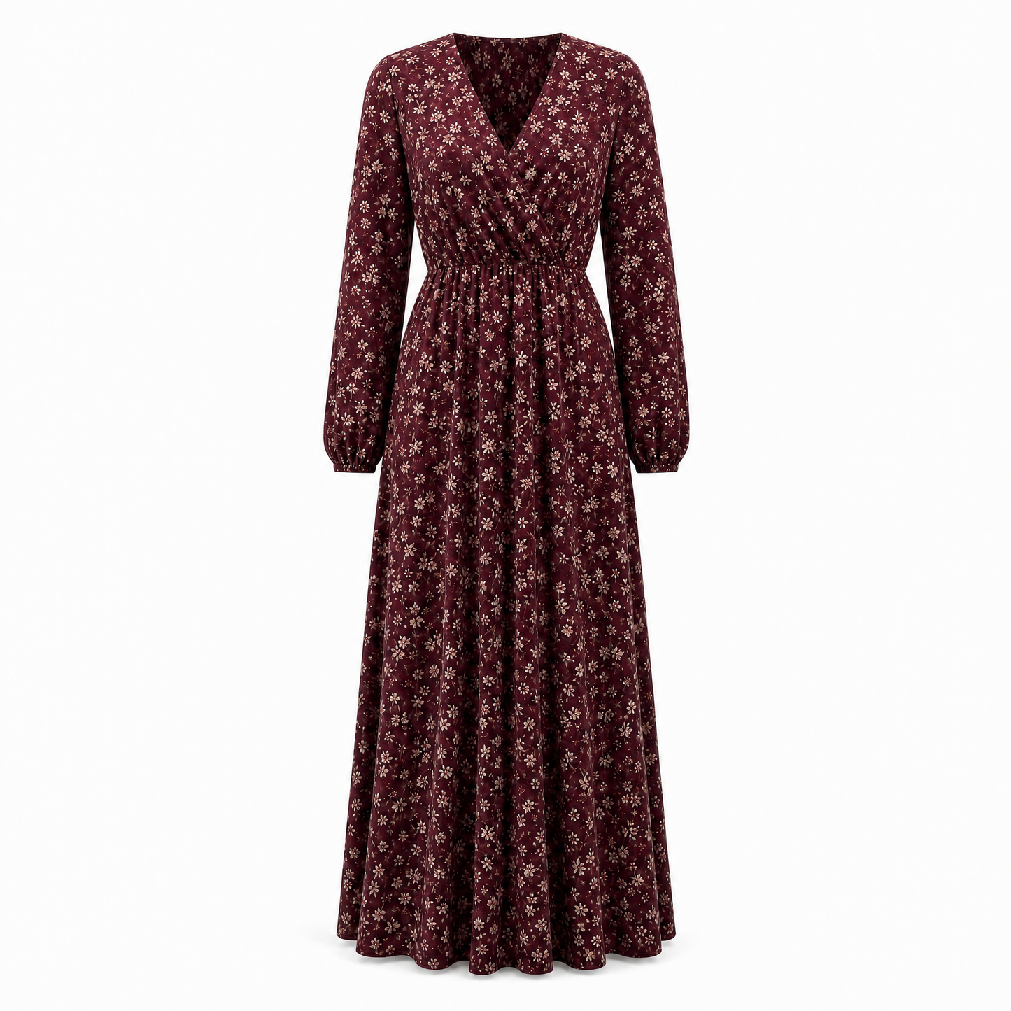 Clover Maxikleid in Burgunder mit Cremeblüten