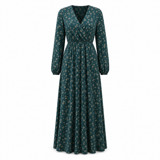 Clover Maxikleid in Petrol mit Cremeblüten