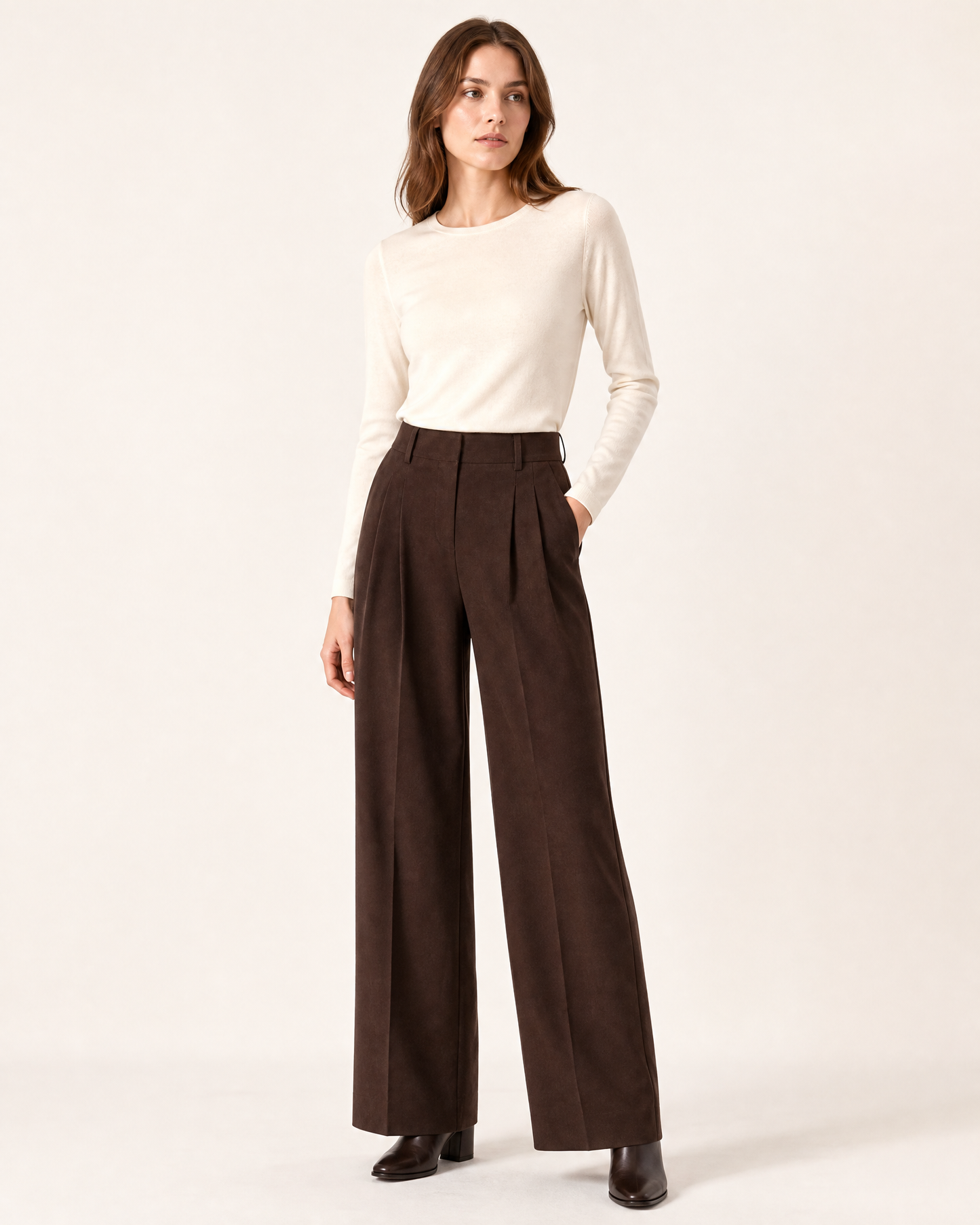 Sienna Bundfaltenhose am Model in Espresso